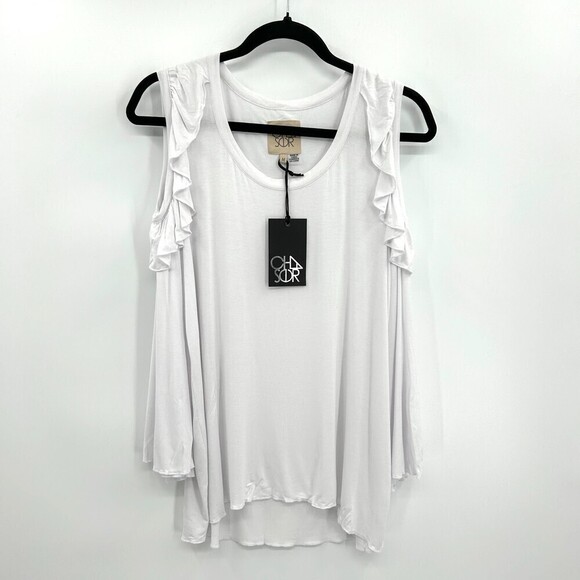 NWT CHASER White Bell Sleeve Cold Shoulder Ruffle Comfy Stretch Shirt Medium - Picture 3 of 6